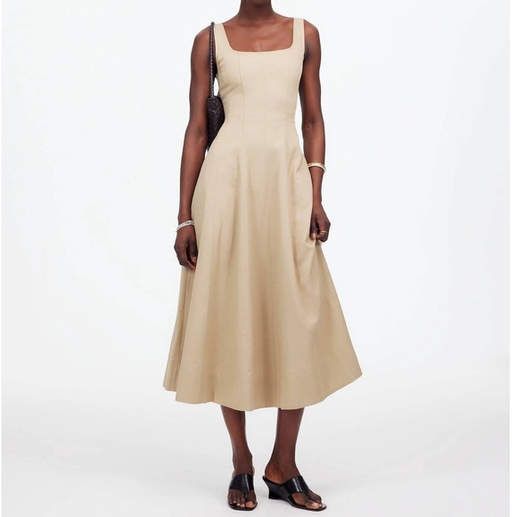 Madewell Dresses & Skirts - Madewell Petite Seamed Squareneck Midi Dress Khaki Tan 2P Corset Linen Blend NWT